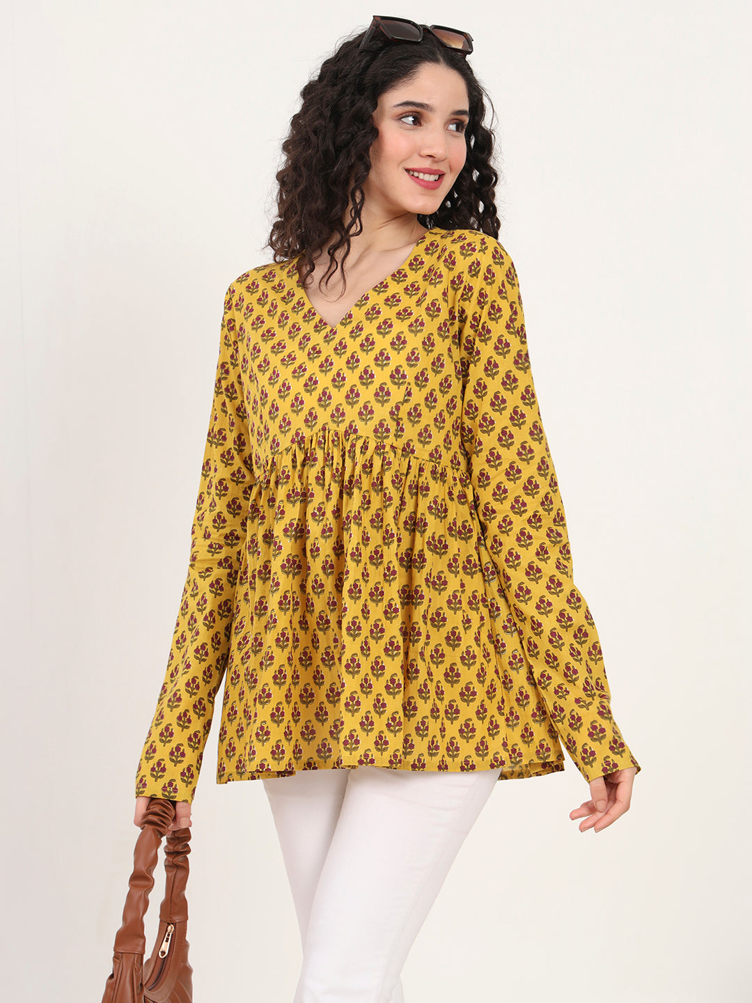 Yellow Floral Printed V Neck Cotton Top