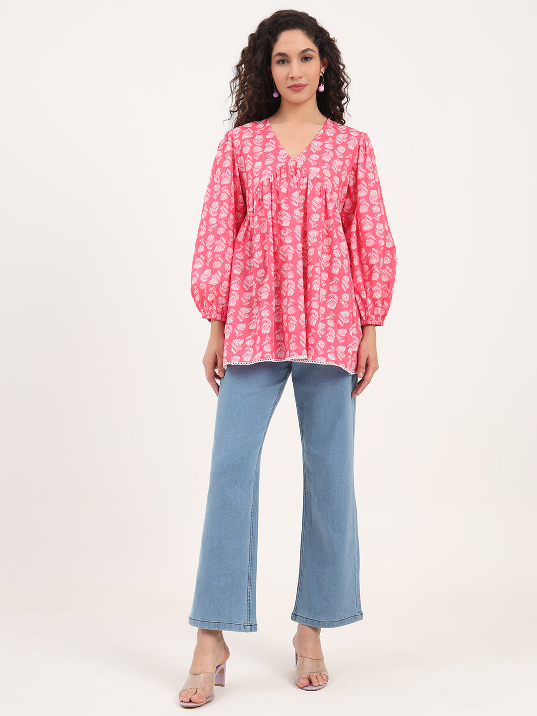 Pink Floral Print Cotton Fabric Regular Peplum Top