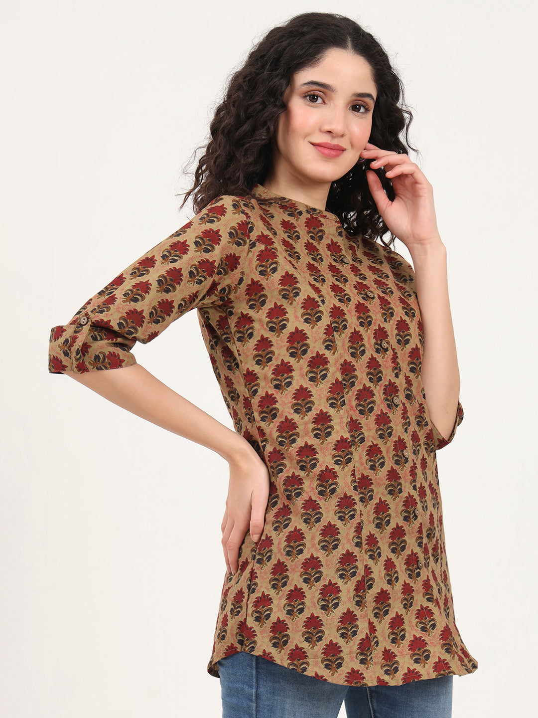 Brown Floral Printed Cotton Top
