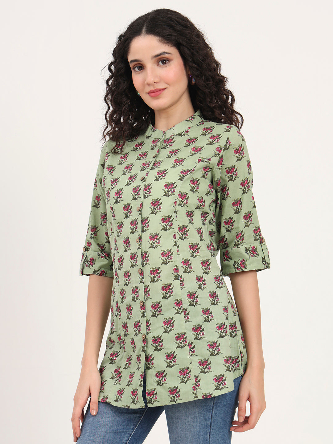 Green Floral Printed Cotton Top