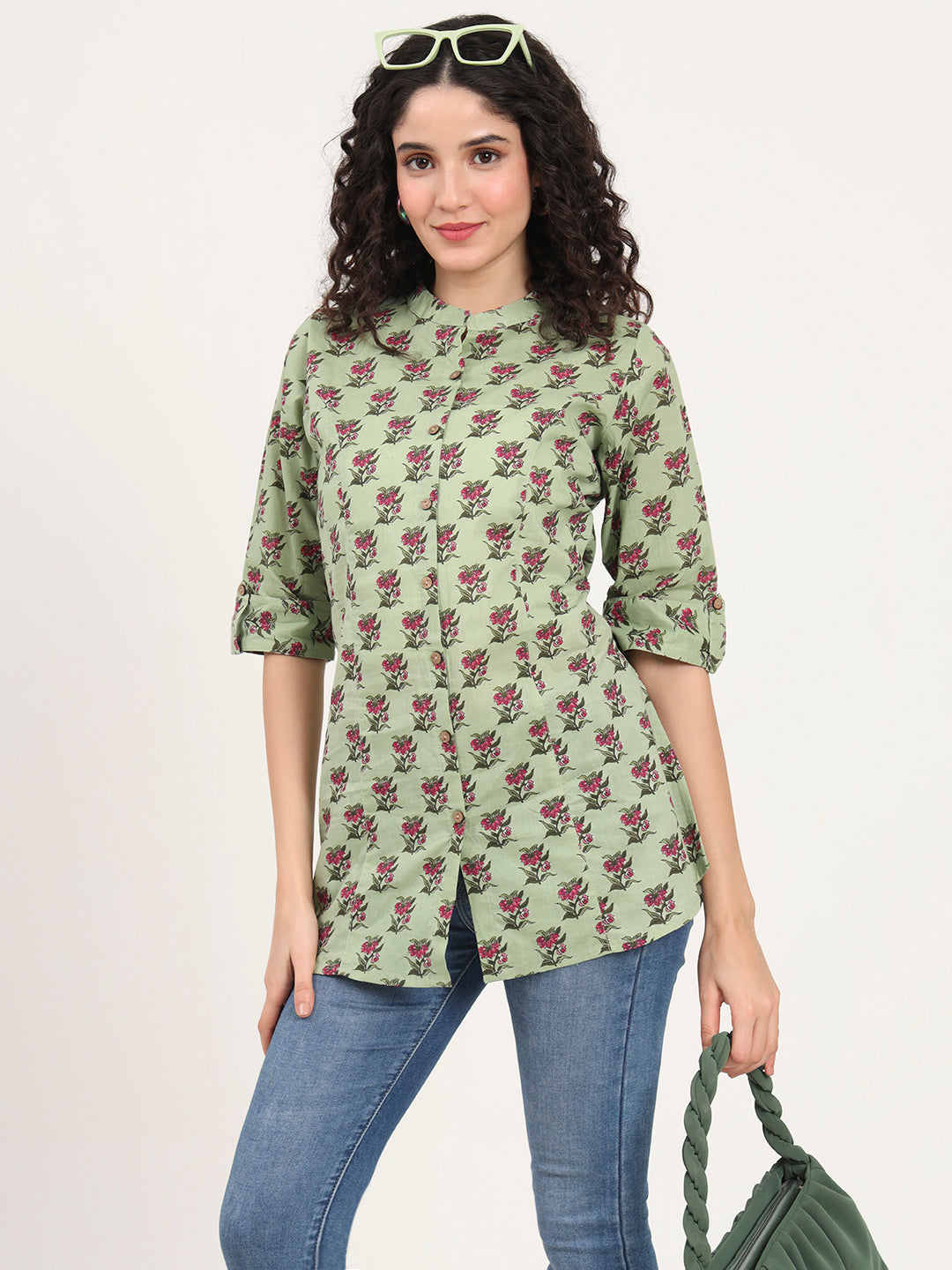 Green Floral Printed Cotton Top
