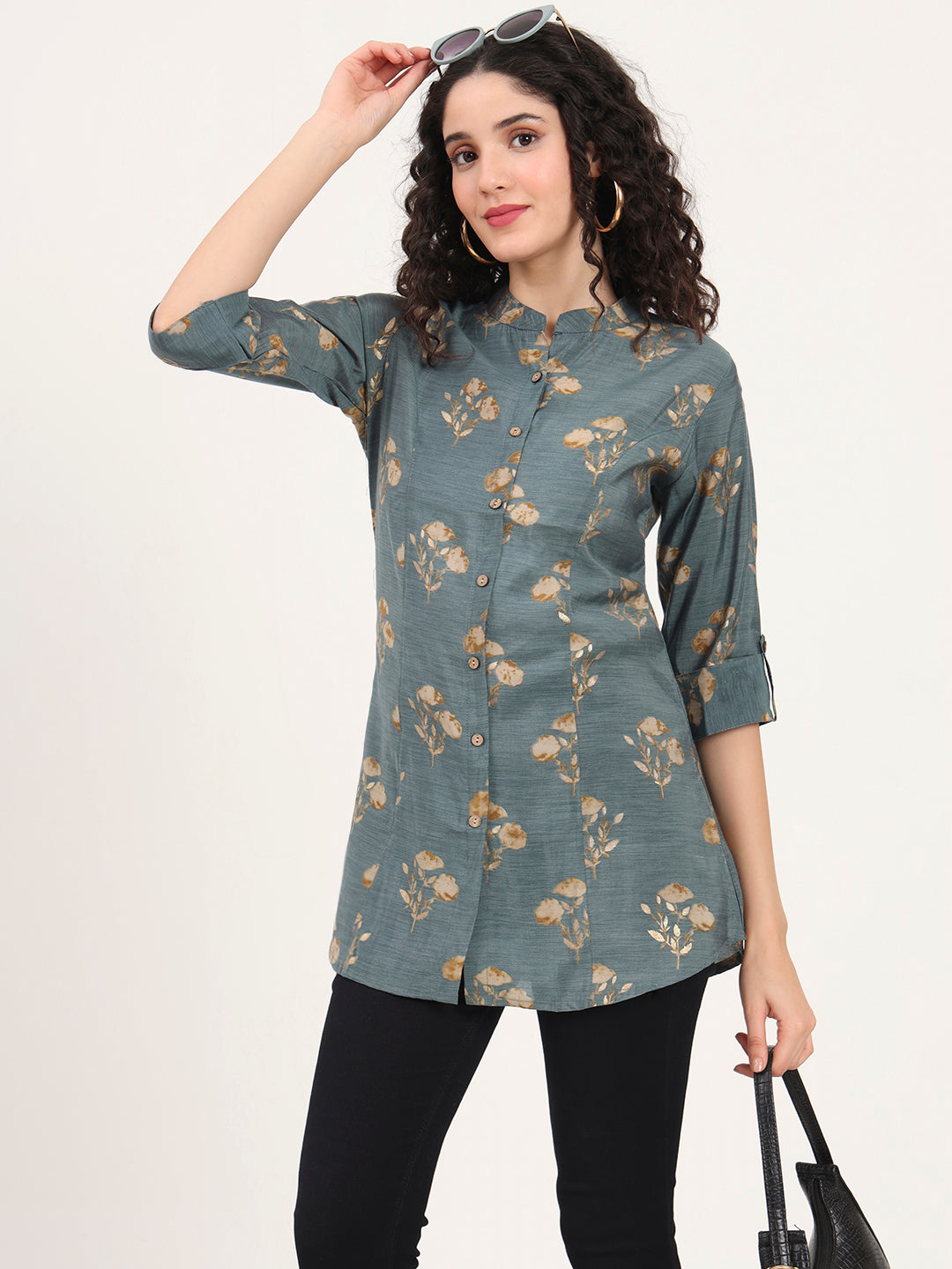 Grey Floral Printed Rayon Top