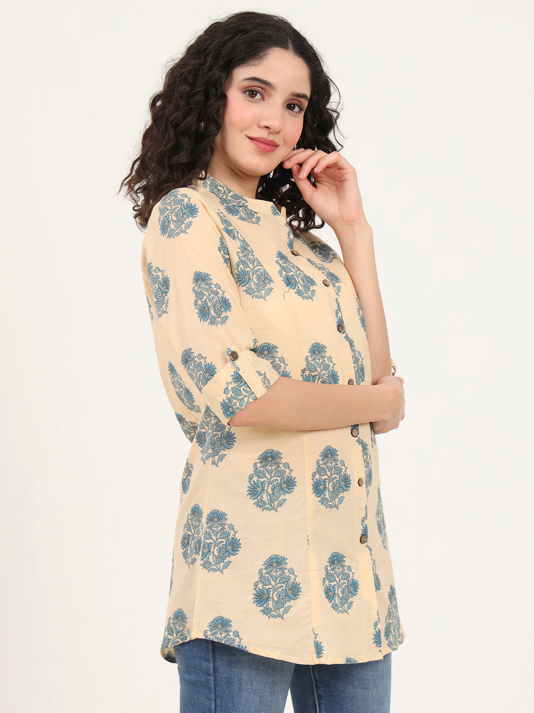 Beige Floral Printed Cotton Top