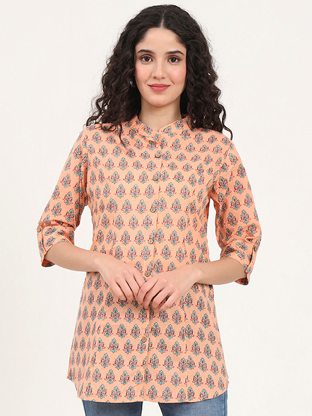 Light Orange Floral Printed Cotton Top