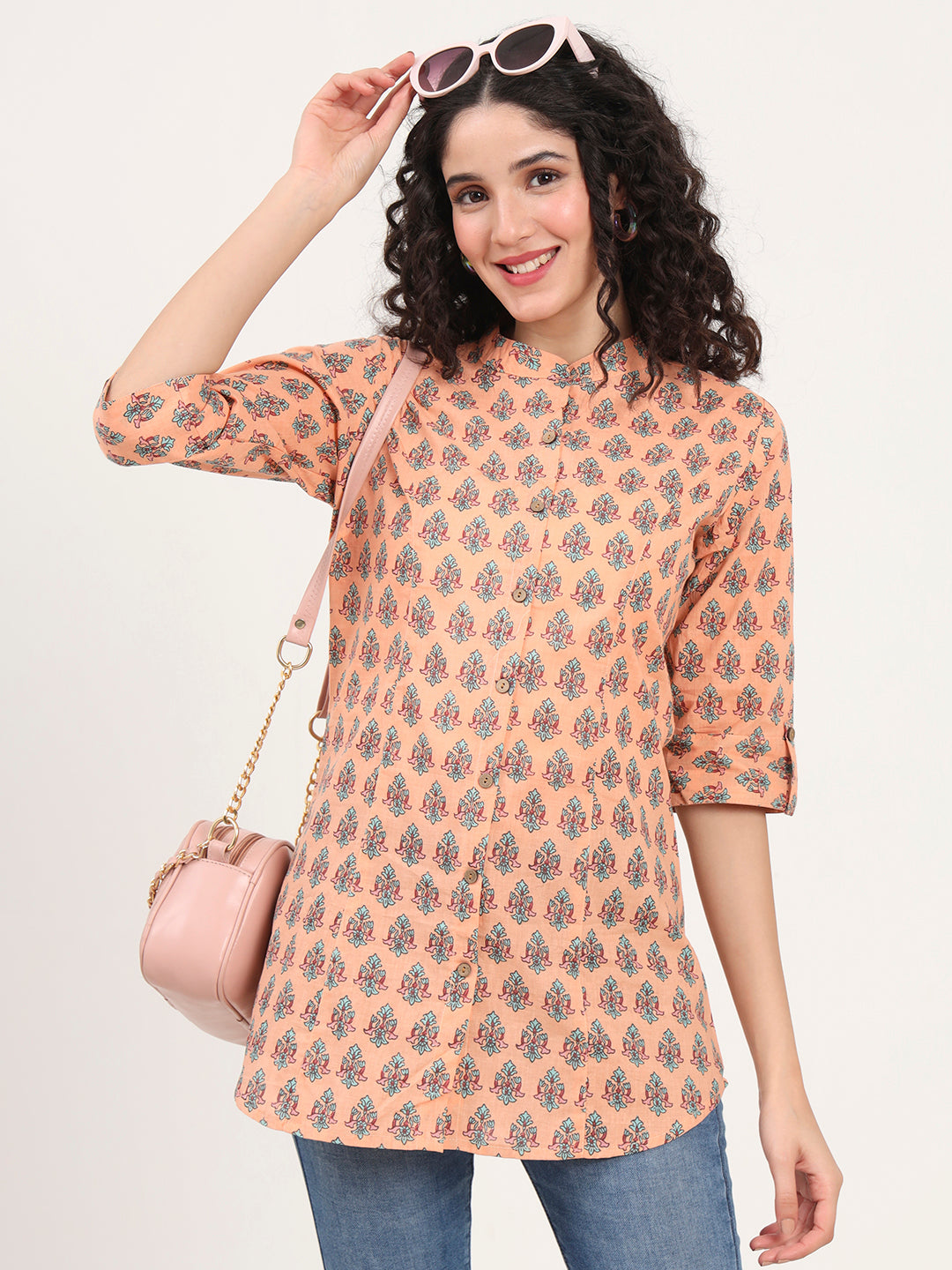 Light Orange Floral Printed Cotton Top