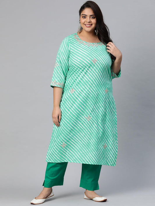 Plus Size Green Leheriya Cotton Gota Patti Straight Kurta - Jamal Jamaloo