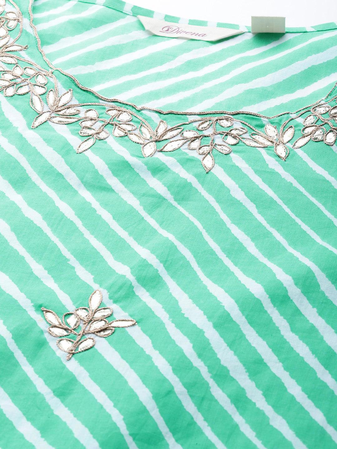Plus Size Green Leheriya Cotton Gota Patti Straight Kurta - Jamal Jamaloo