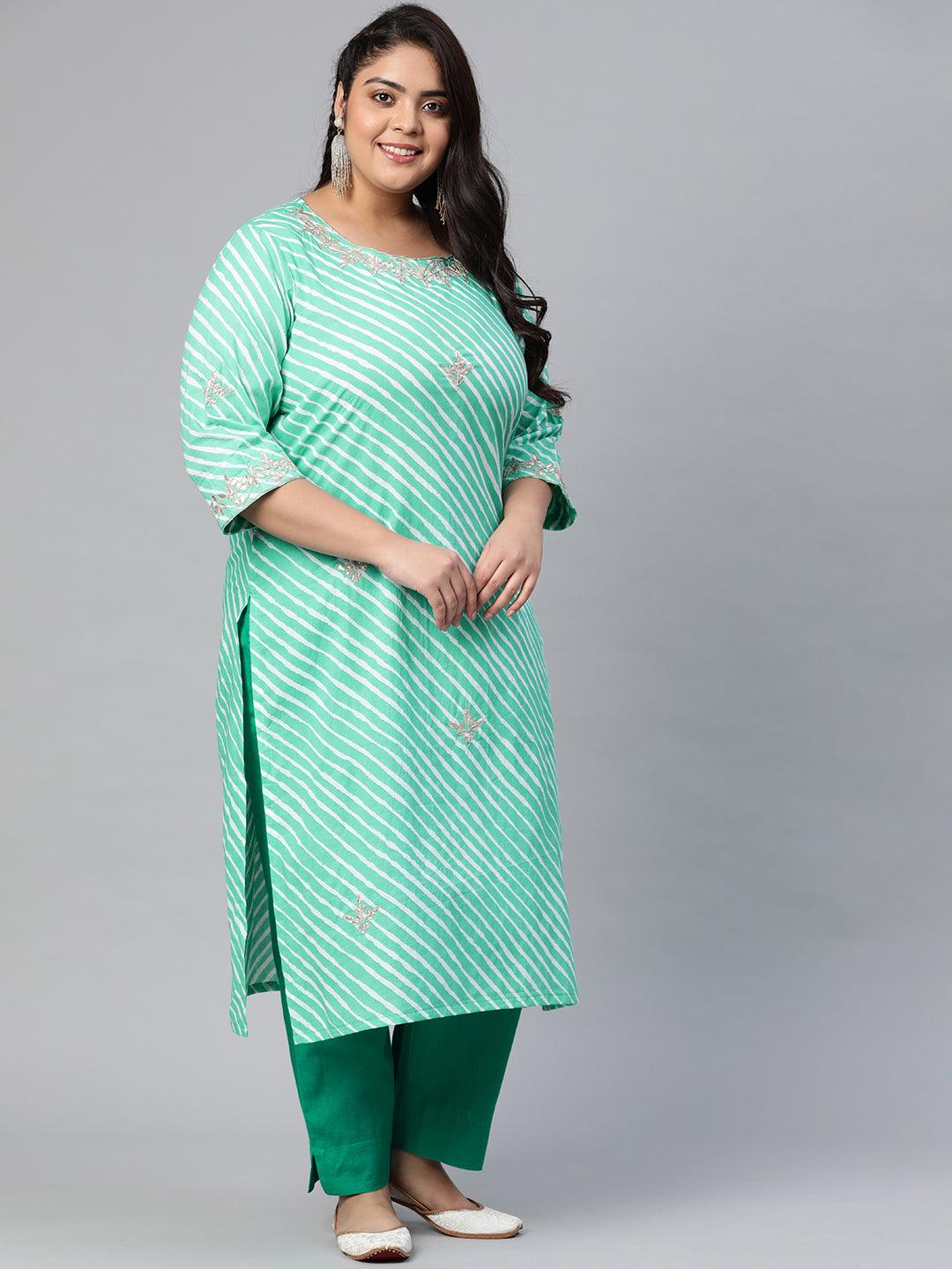 Plus Size Green Leheriya Cotton Gota Patti Straight Kurta - Jamal Jamaloo