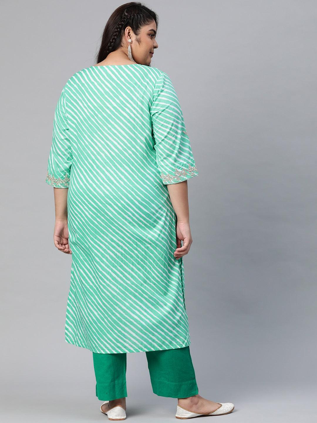 Plus Size Green Leheriya Cotton Gota Patti Straight Kurta - Jamal Jamaloo