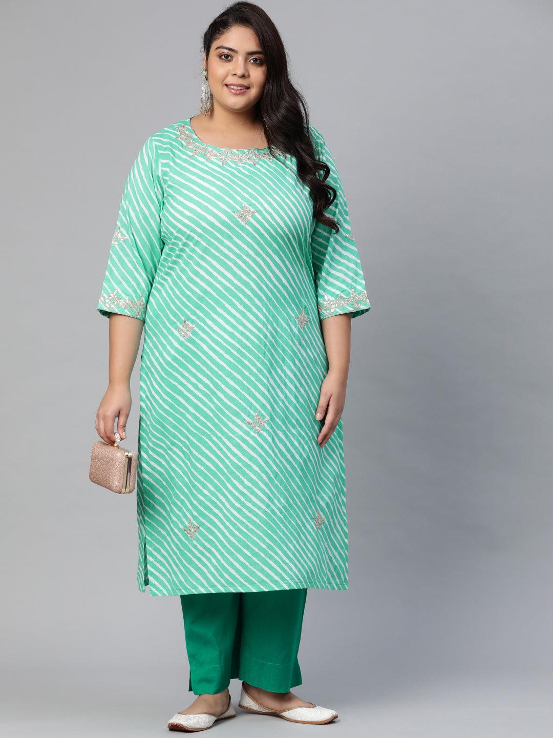Plus Size Green Leheriya Cotton Gota Patti Straight Kurta - Jamal Jamaloo