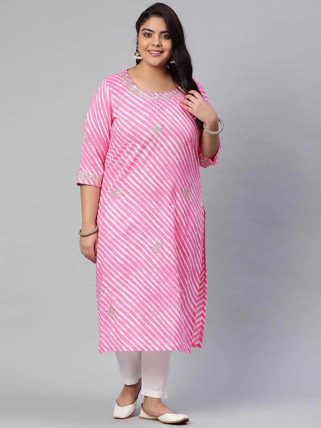 Plus Size Pink Lahariya Cotton Gota patti Straight Kurta - Jamal Jamaloo