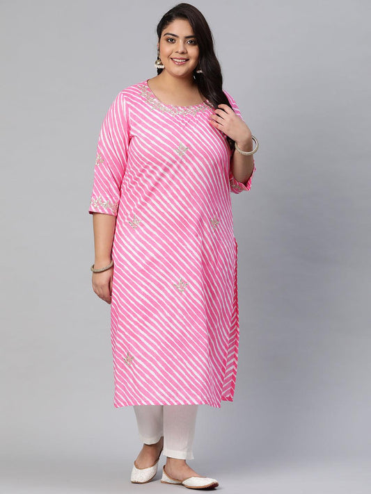 Plus Size Pink Lahariya Cotton Gota patti Straight Kurta - Jamal Jamaloo