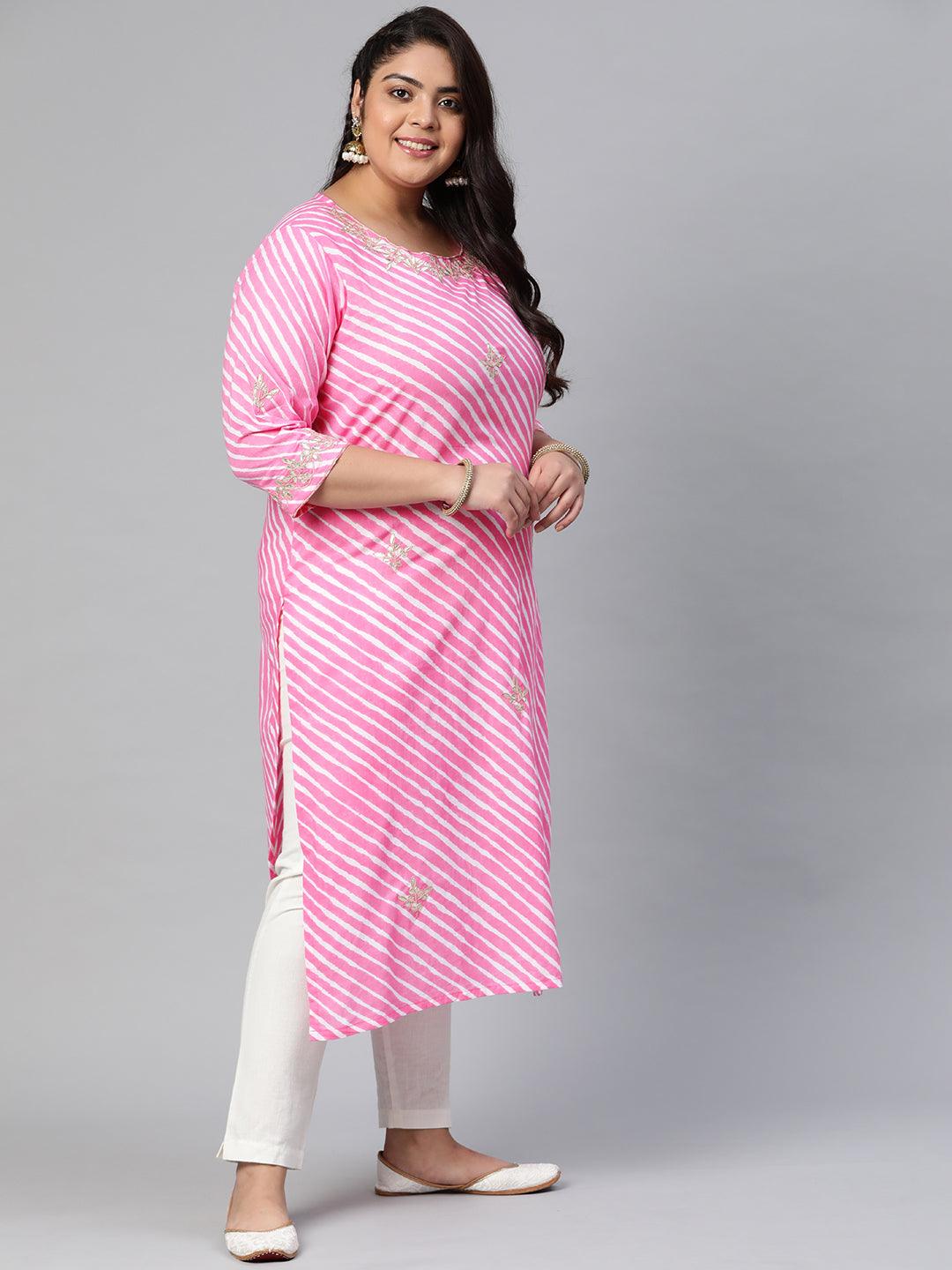 Plus Size Pink Lahariya Cotton Gota patti Straight Kurta - Jamal Jamaloo