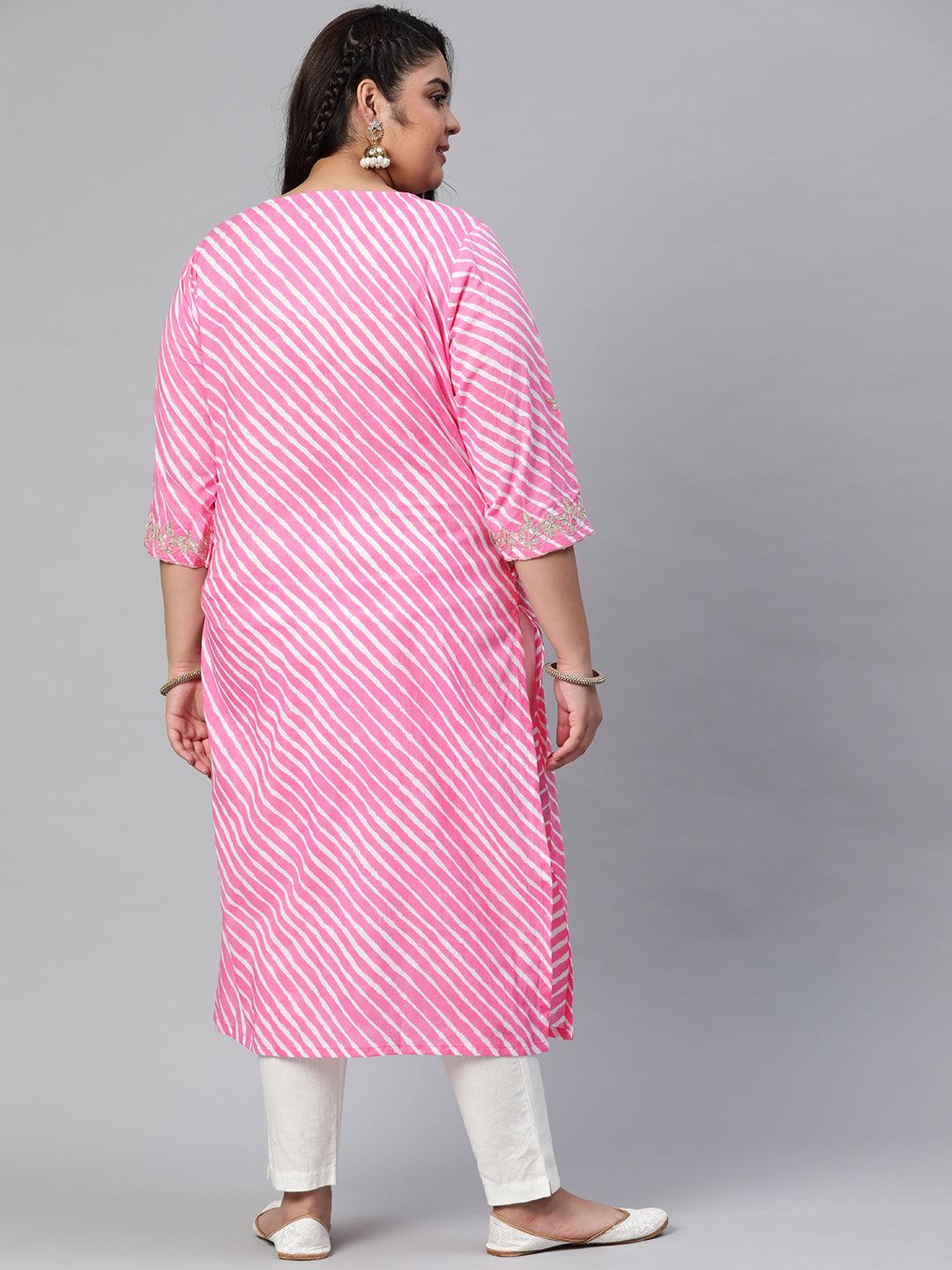 Plus Size Pink Lahariya Cotton Gota patti Straight Kurta - Jamal Jamaloo