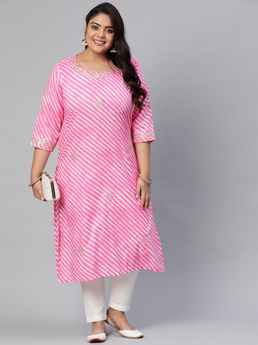 Plus Size Pink Lahariya Cotton Gota patti Straight Kurta - Jamal Jamaloo