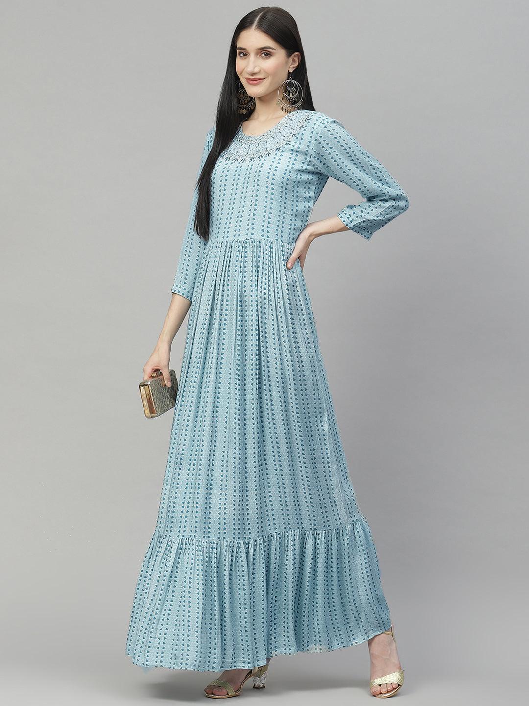 Jamal Jamaloo Blue Muslin Flared Gown - Jamal Jamalooworld.com