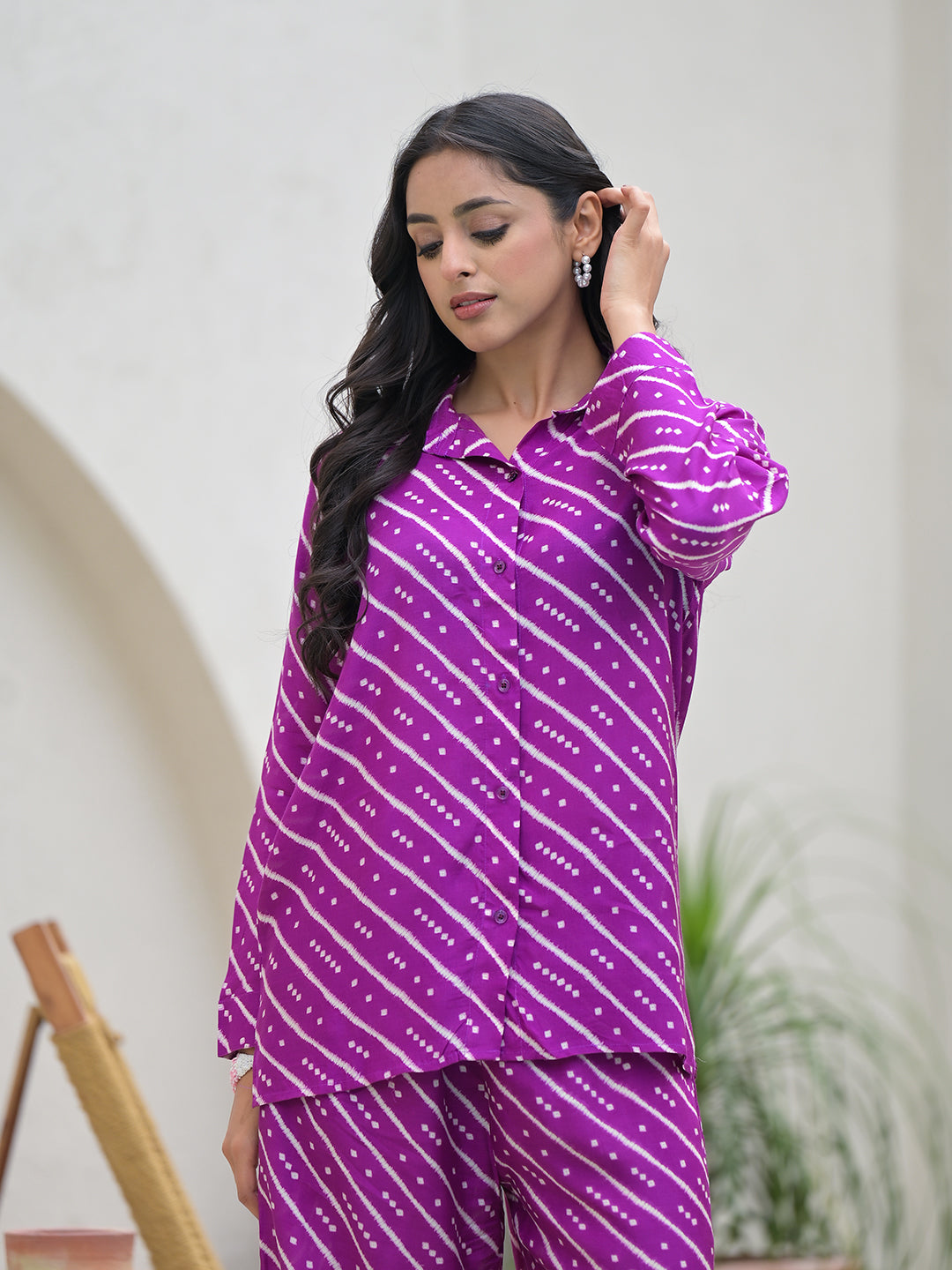 Purple Stripes Shirt With Trousers Co-Ords