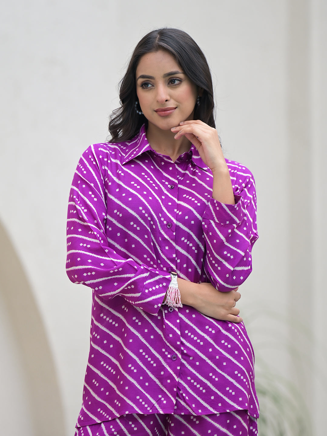 Purple Stripes Shirt With Trousers Co-Ords