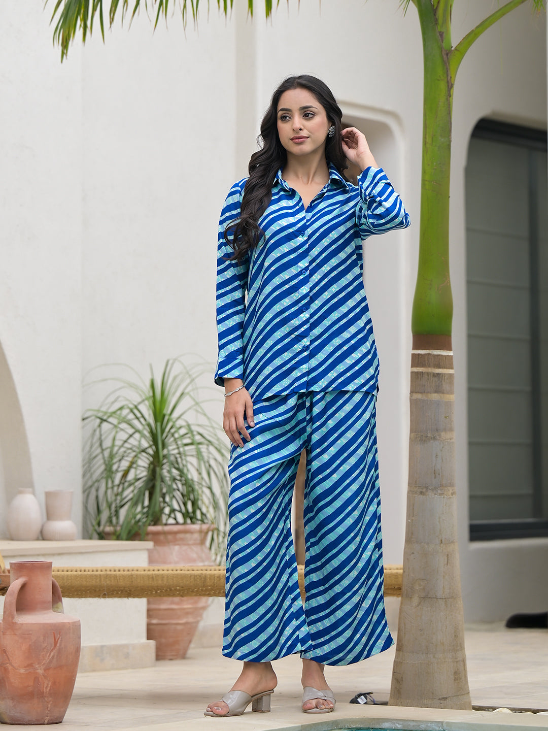 Blue Stripes Shirt With Trousers Co-Ords