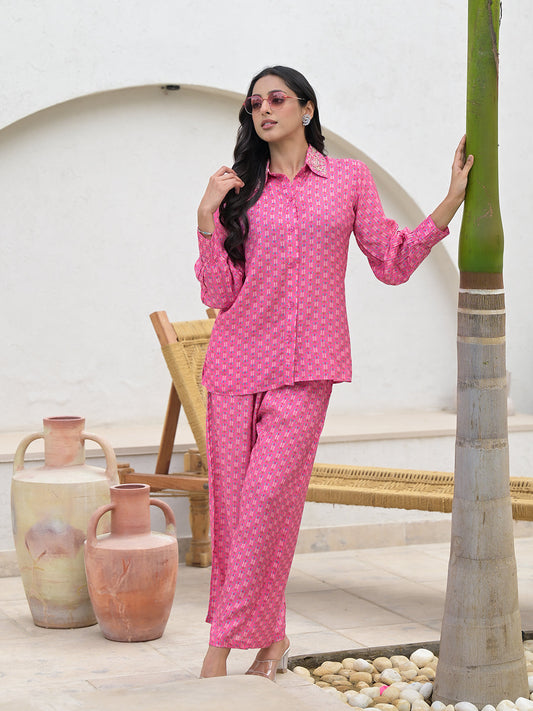 Blue Abstract Printed Shirt With Trousers