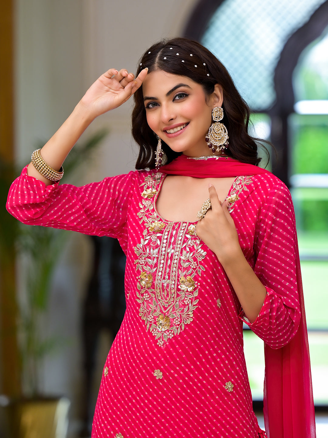Pink Leheriya Print Georgette Fabric Straight Kurta & Trouser with Dupatta