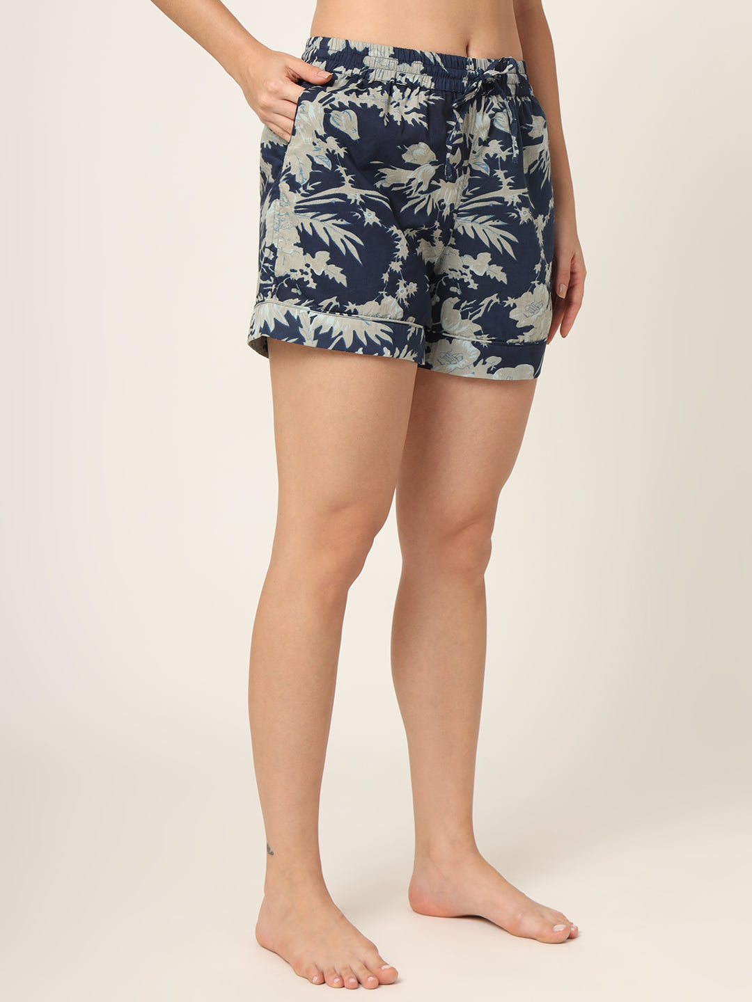 Navy Blue Printed Pure Cotton Regular Night Suit