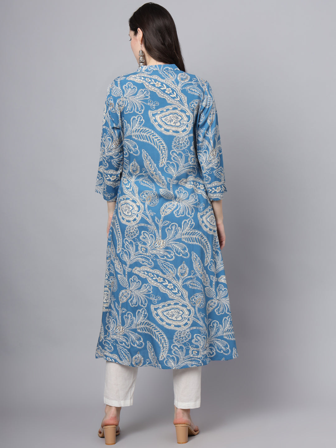 Blue Rayon Printed-A-Line Kurta