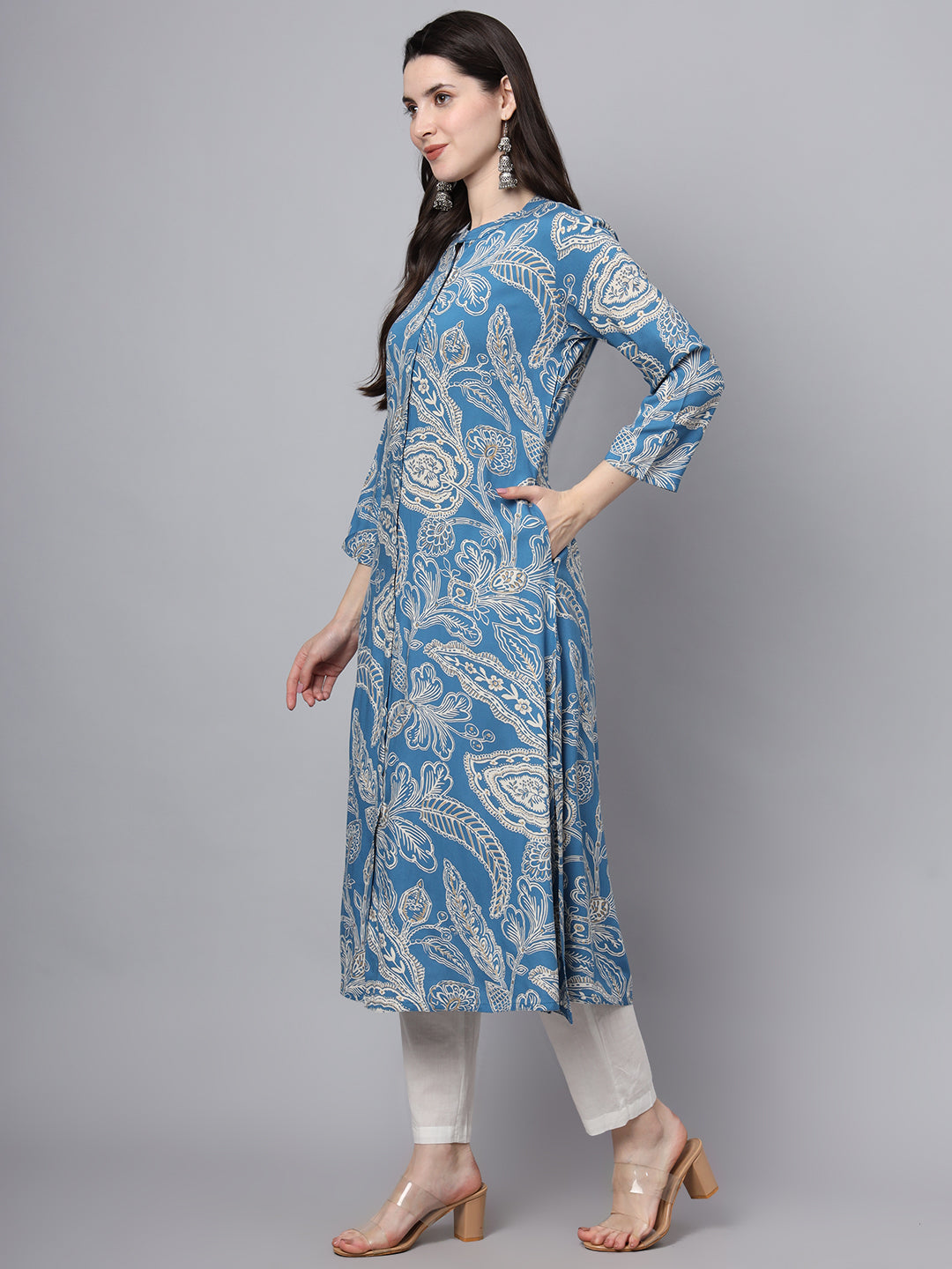 Blue Rayon Printed-A-Line Kurta