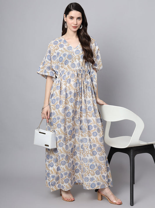 White And Blue Floral Print Kaftan
