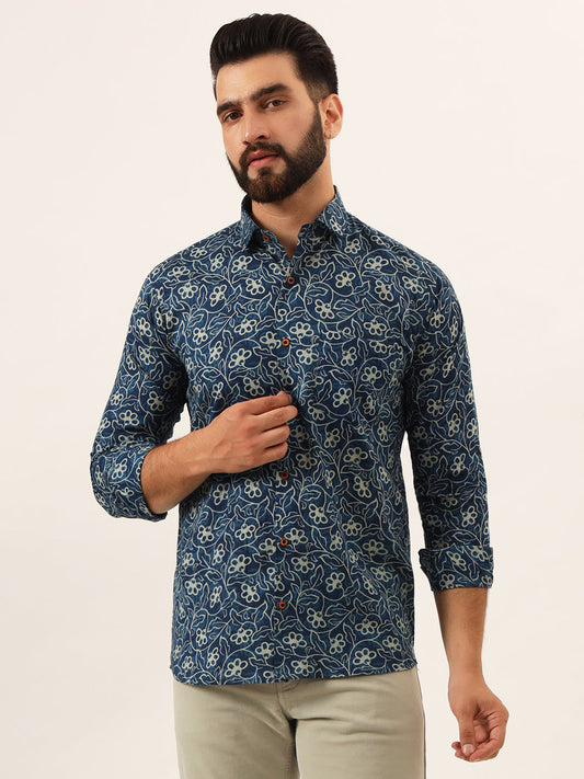 MEN Blue Floral Print Pure Cotton Regular Fit Casual Shirt