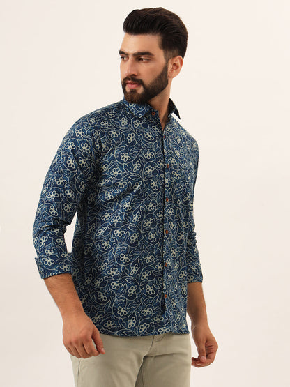 MEN Blue Floral Print Pure Cotton Regular Fit Casual Shirt