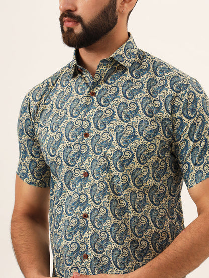 MEN Beige Paisley Print Pure Cotton Regular Fit Casual Full Sleeve
