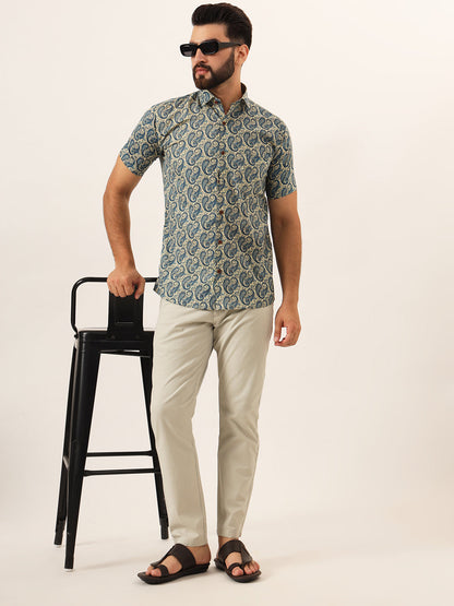 MEN Beige Paisley Print Pure Cotton Regular Fit Casual Full Sleeve