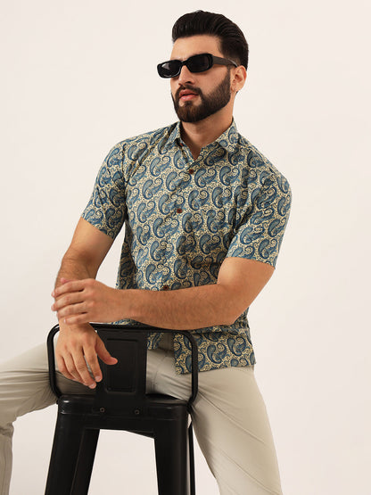 MEN Beige Paisley Print Pure Cotton Regular Fit Casual Full Sleeve