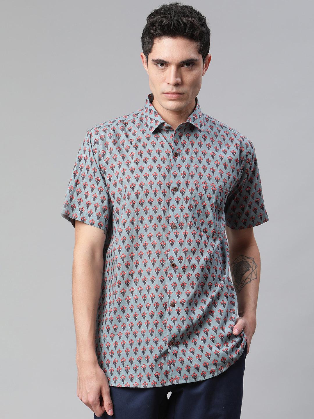 Millennial Men Light Blue  & Red Cotton  Half Sleeve Shirt for Men-MMH0176 - Jamal Jamalooworld.com