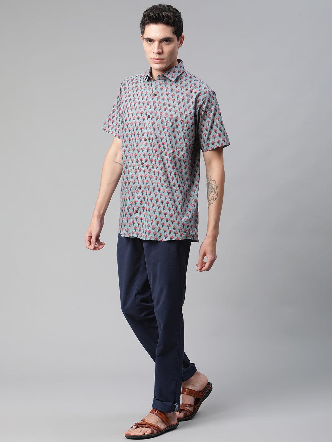 Millennial Men Light Blue  & Red Cotton  Half Sleeve Shirt for Men-MMH0176 - Jamal Jamalooworld.com