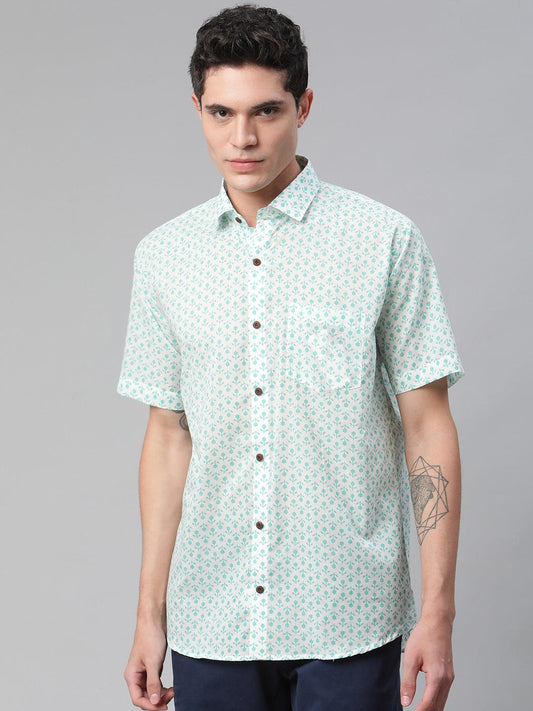 Millennial Men White & Sea Green Cotton  Half Sleeve Shirt for Men-MMH0184 - Jamal Jamalooworld.com