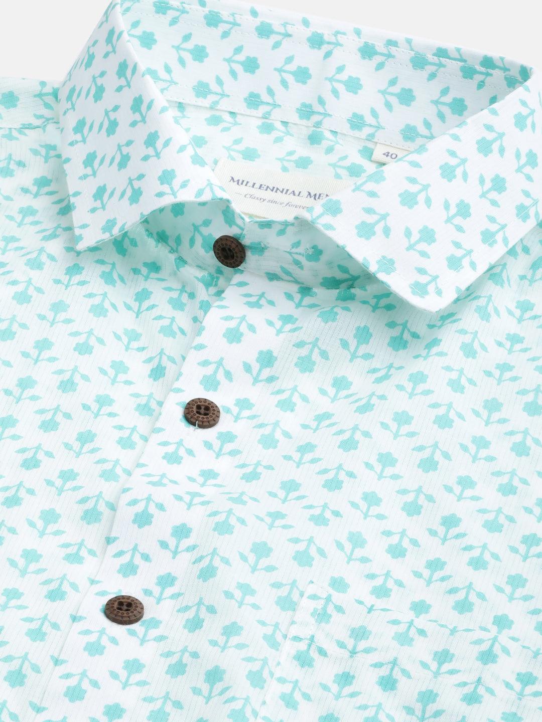 Millennial Men White & Sea Green Cotton  Half Sleeve Shirt for Men-MMH0184 - Jamal Jamalooworld.com