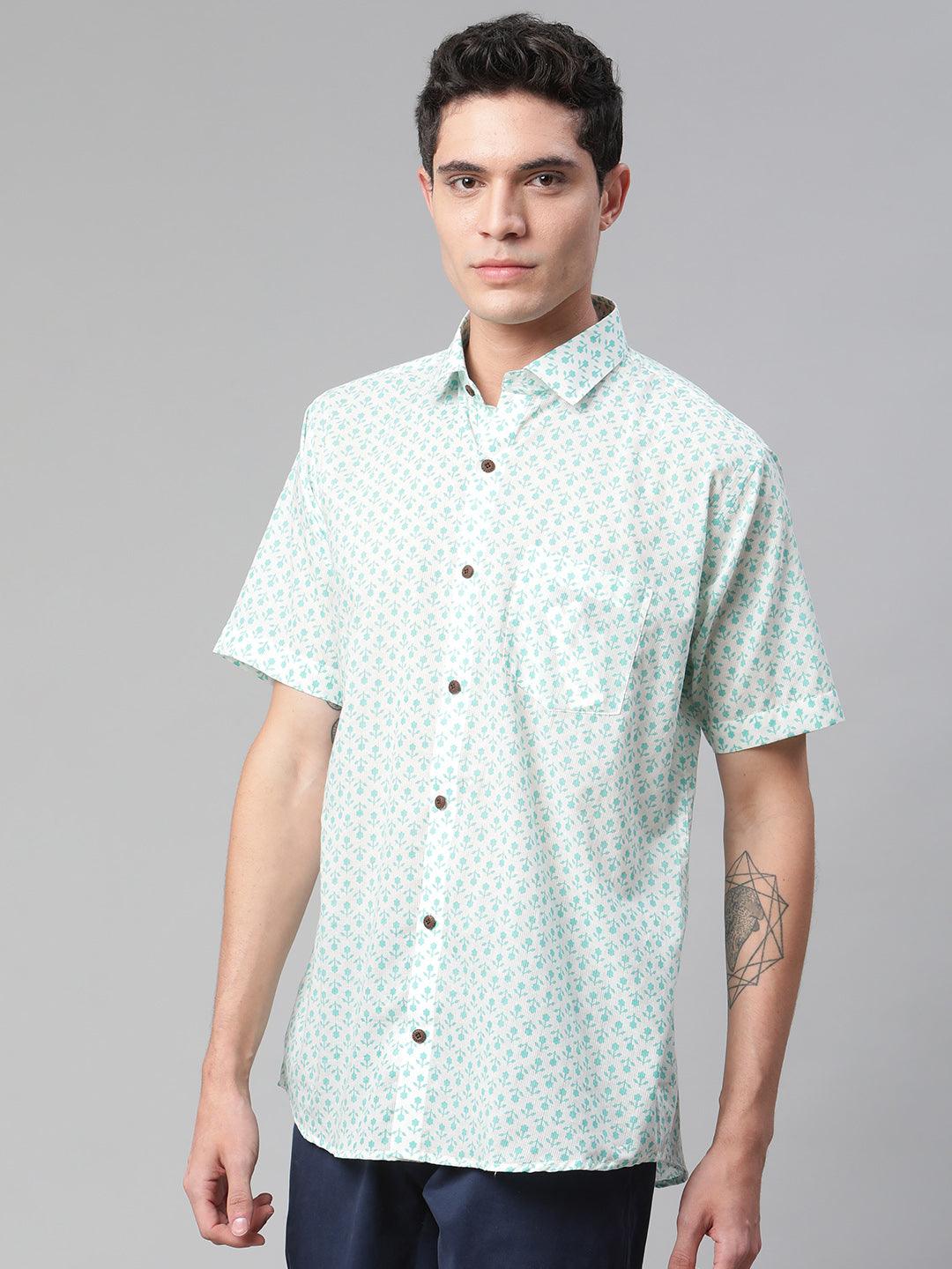 Millennial Men White & Sea Green Cotton  Half Sleeve Shirt for Men-MMH0184 - Jamal Jamalooworld.com