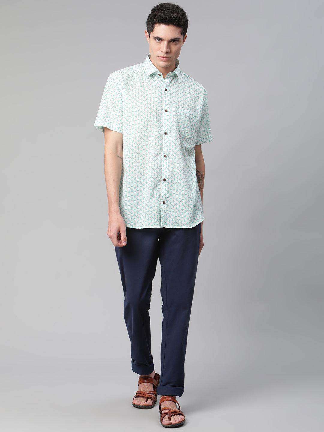 Millennial Men White & Sea Green Cotton  Half Sleeve Shirt for Men-MMH0184 - Jamal Jamalooworld.com