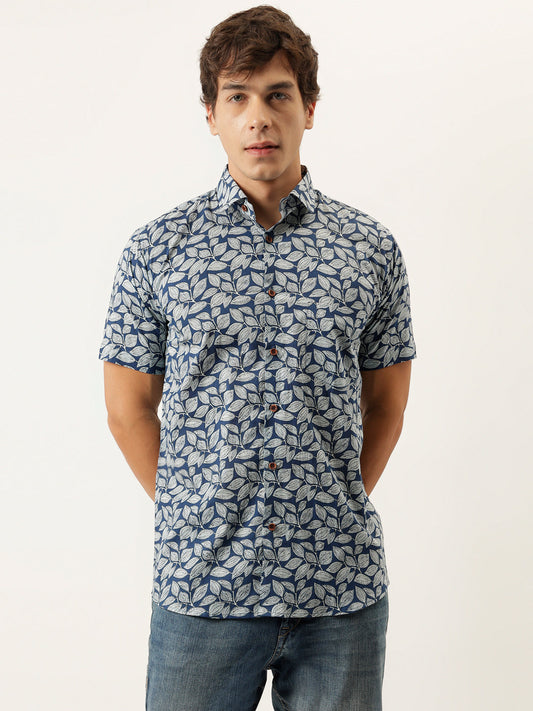 Men Blue Printed Cotton Half Sleeve Shirts