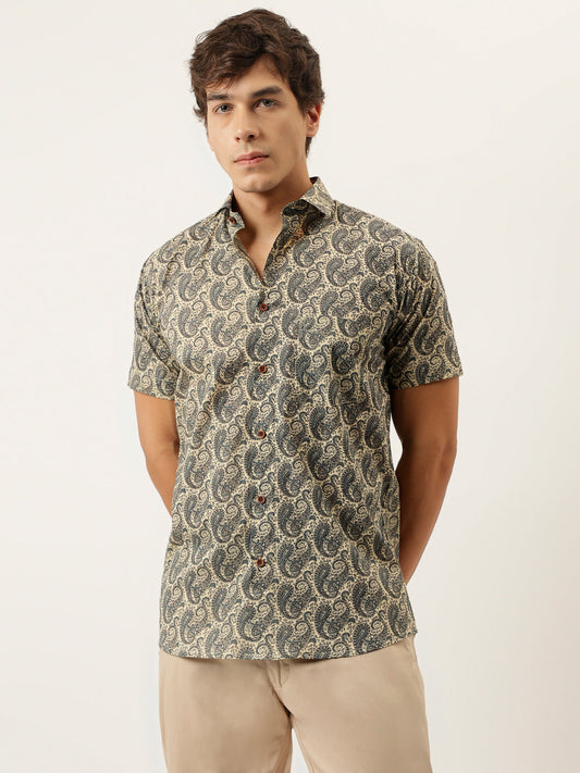 Men Beige and navy Printed Cotton Half Sleeve Shirts