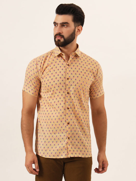 MEN Beige Printed Pure Cotton Regular Fit Casual Half Sleeve