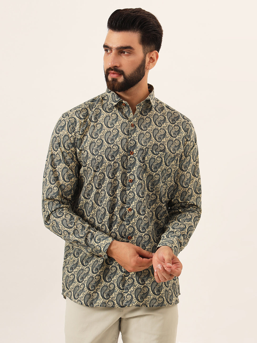 MEN Blue Paisley Print Pure Cotton Regular Fit Casual Half Sleeve
