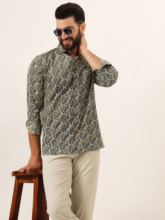 MEN Blue Paisley Print Pure Cotton Regular Fit Casual Half Sleeve