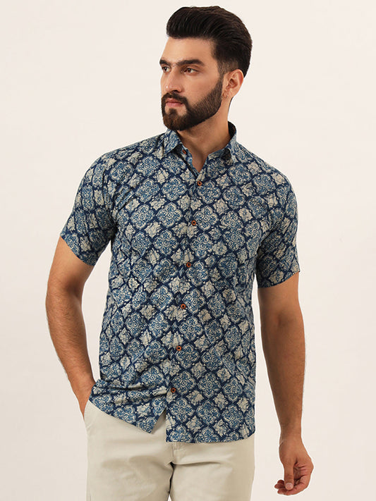 MEN Blue Geometric Pure Cotton Regular Fit Casual Half Sleeve Shirt