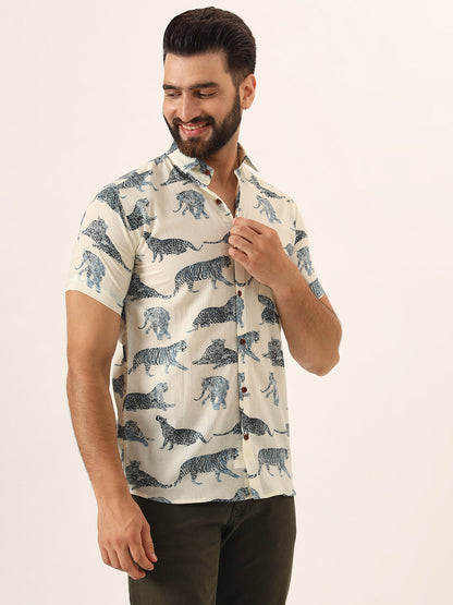 MEN  White blue Tiger Print Pure Cotton Regular Fit Casual Shirt