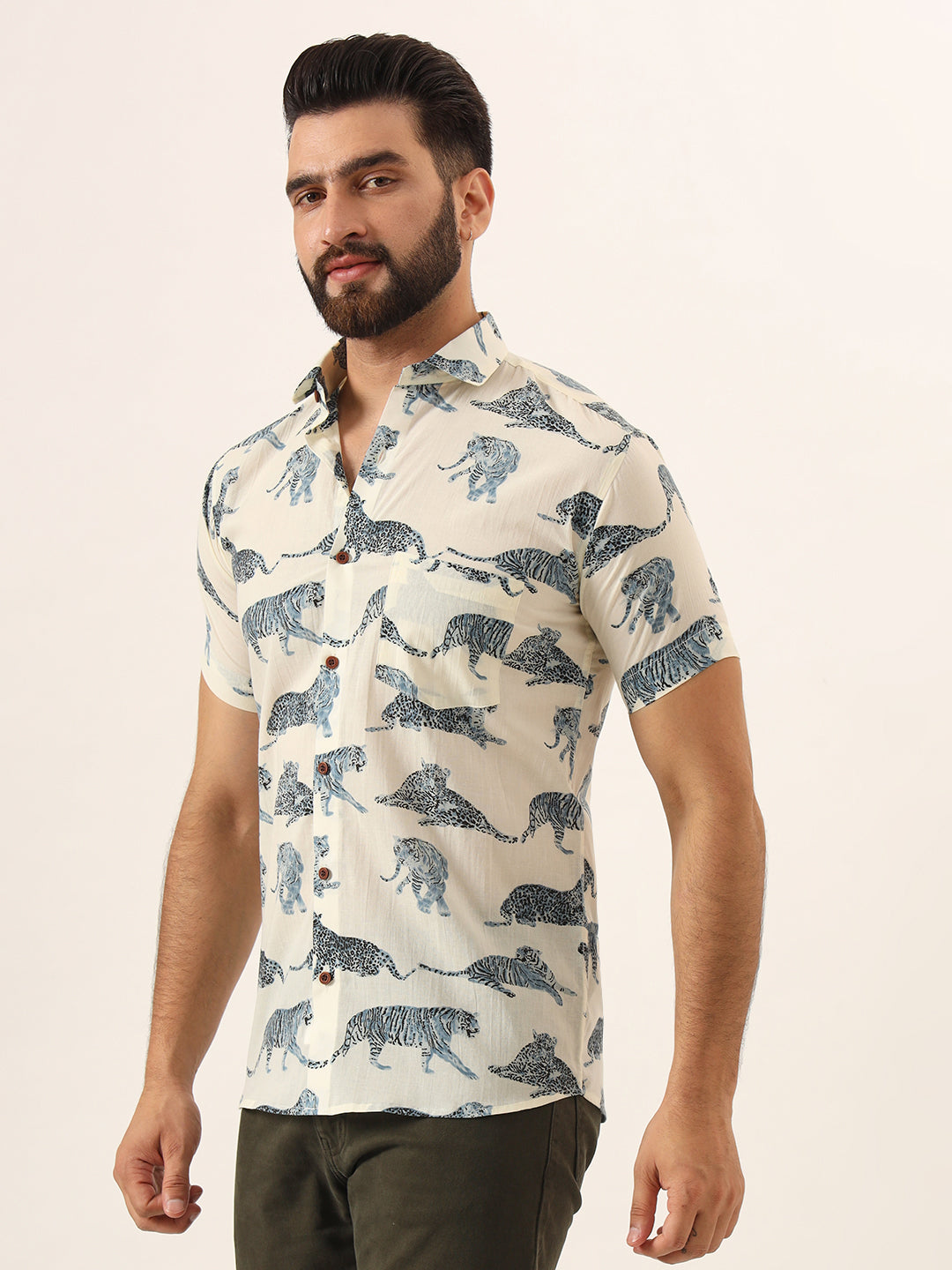MEN  White blue Tiger Print Pure Cotton Regular Fit Casual Shirt