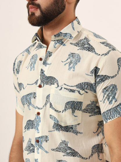 MEN  White blue Tiger Print Pure Cotton Regular Fit Casual Shirt