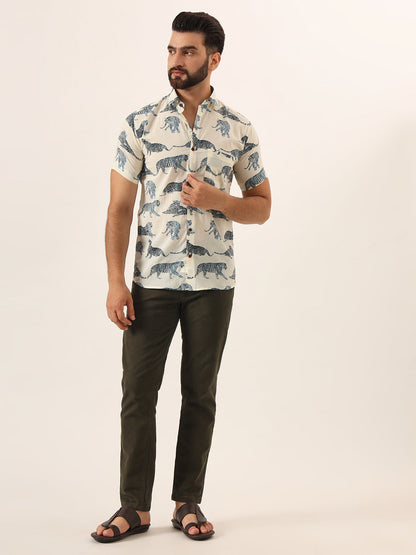 MEN  White blue Tiger Print Pure Cotton Regular Fit Casual Shirt